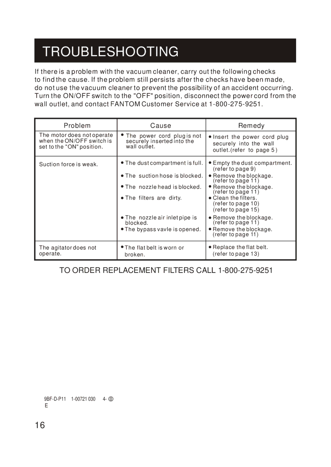 Fantom Vacuum FM741B instruction manual Troubleshooting, Problem Cause Remedy 