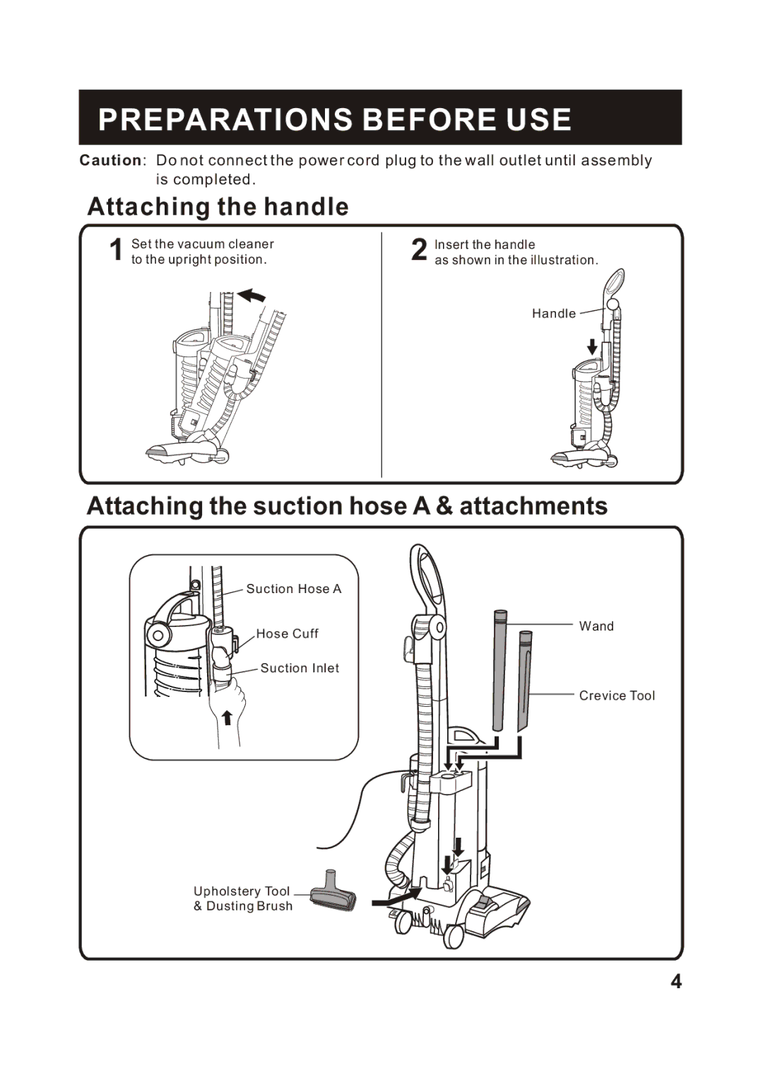 Fantom Vacuum FM741B instruction manual Preparations Before USE, Attaching the handle 