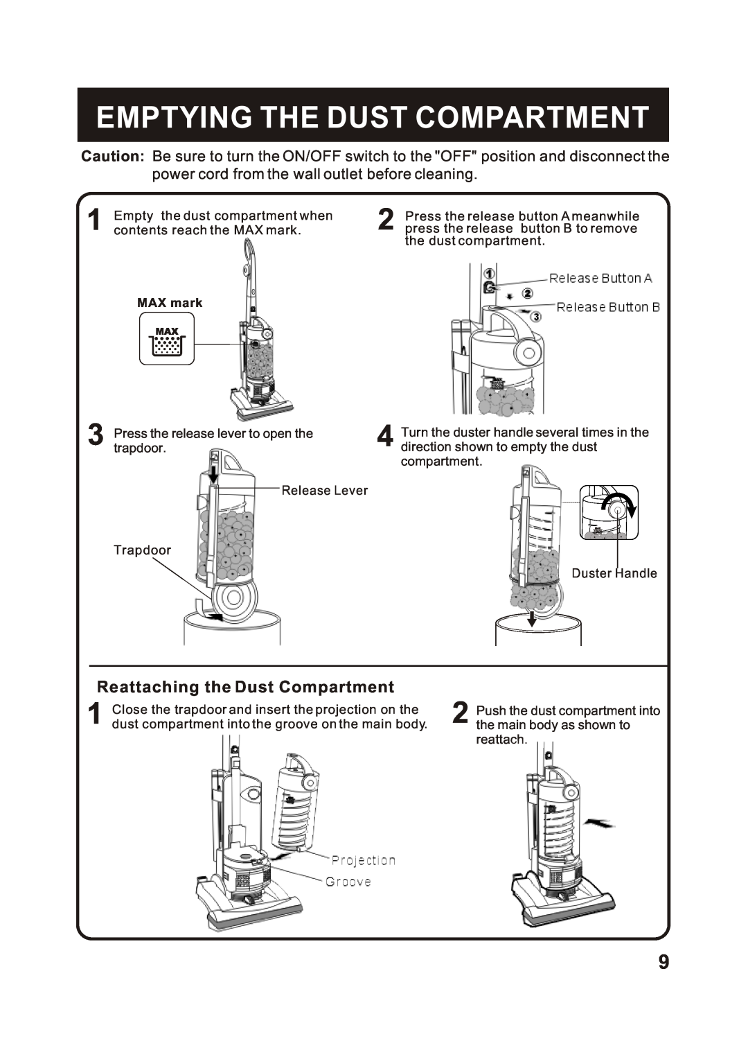 Fantom Vacuum FM741B instruction manual Emptying The Dust Compartment, power cord from the wall outlet before cleaning 