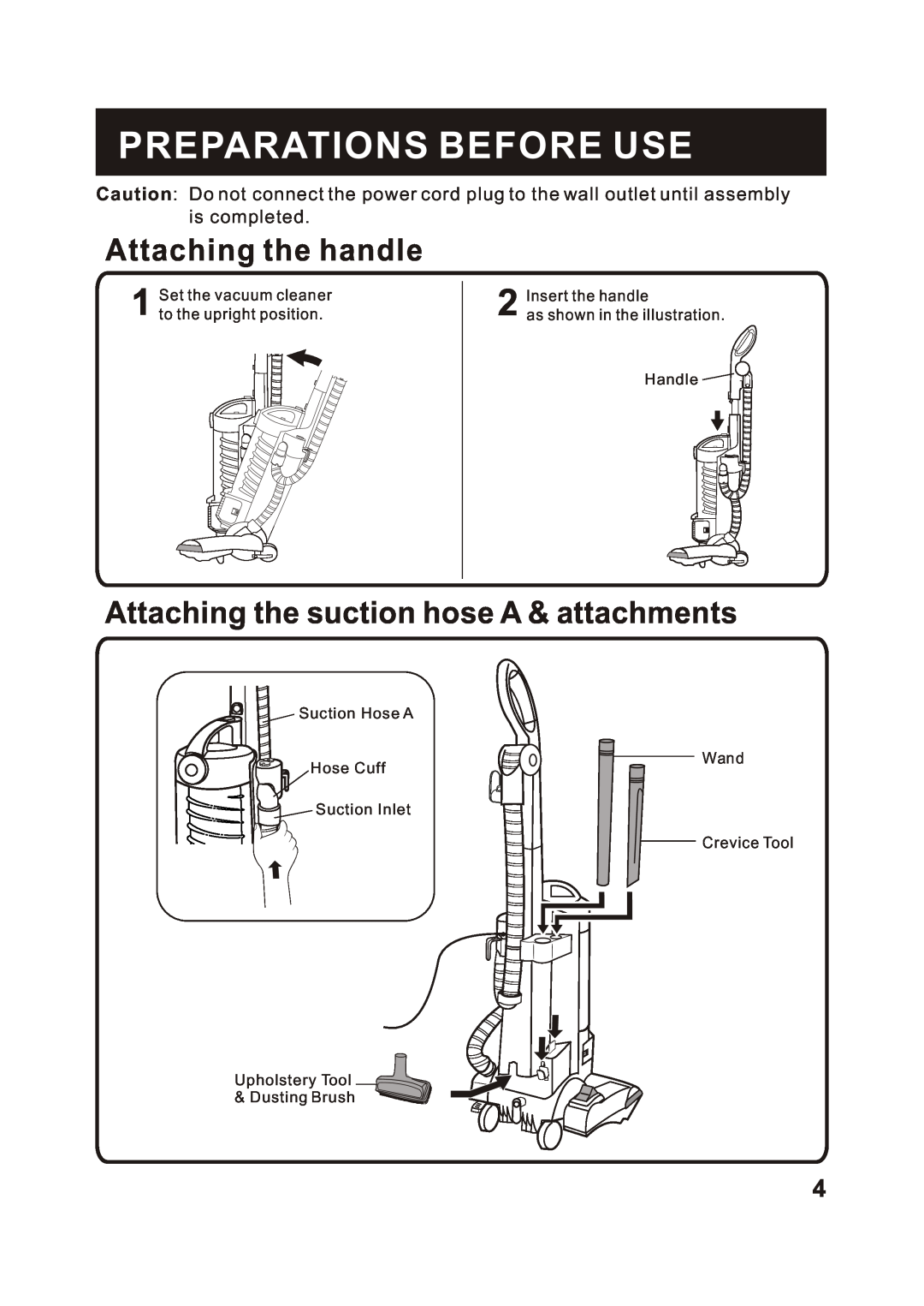 Fantom Vacuum FM741B Preparations Before Use, Attaching the handle, Attaching the suction hose A & attachments 