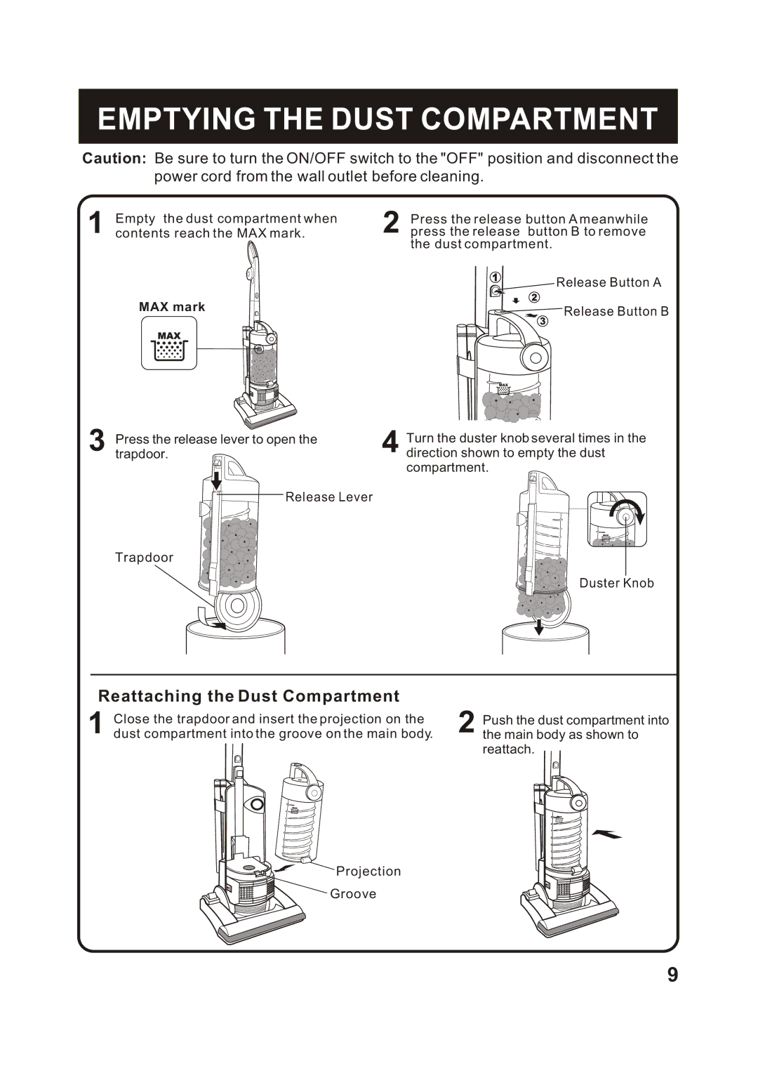 Fantom Vacuum FM741C instruction manual Emptying the Dust Compartment, Power cord from the wall outlet before cleaning 