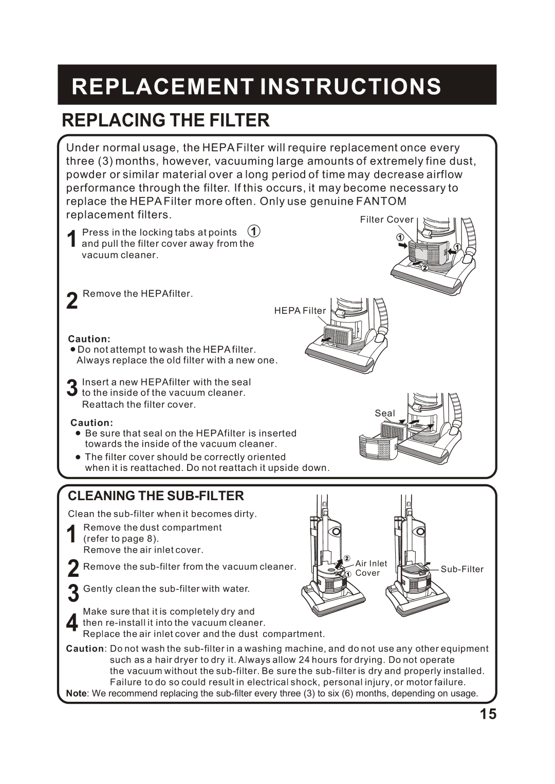 Fantom Vacuum FM741C instruction manual Replacing the Filter, Cleaning the SUB-FILTER 