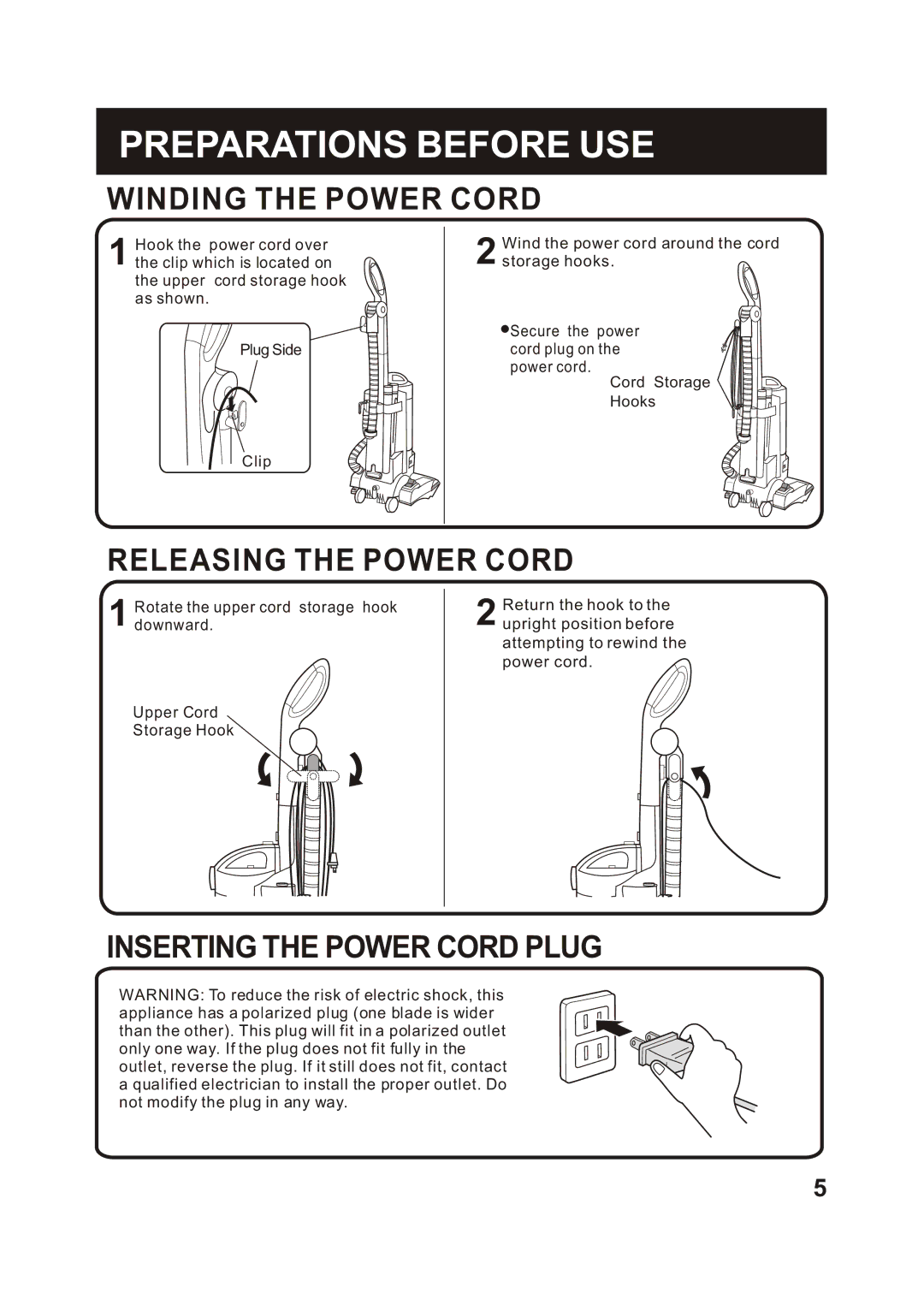 Fantom Vacuum FM741C instruction manual Winding the Power Cord, Releasing the Power Cord, Inserting the Power Cord Plug 