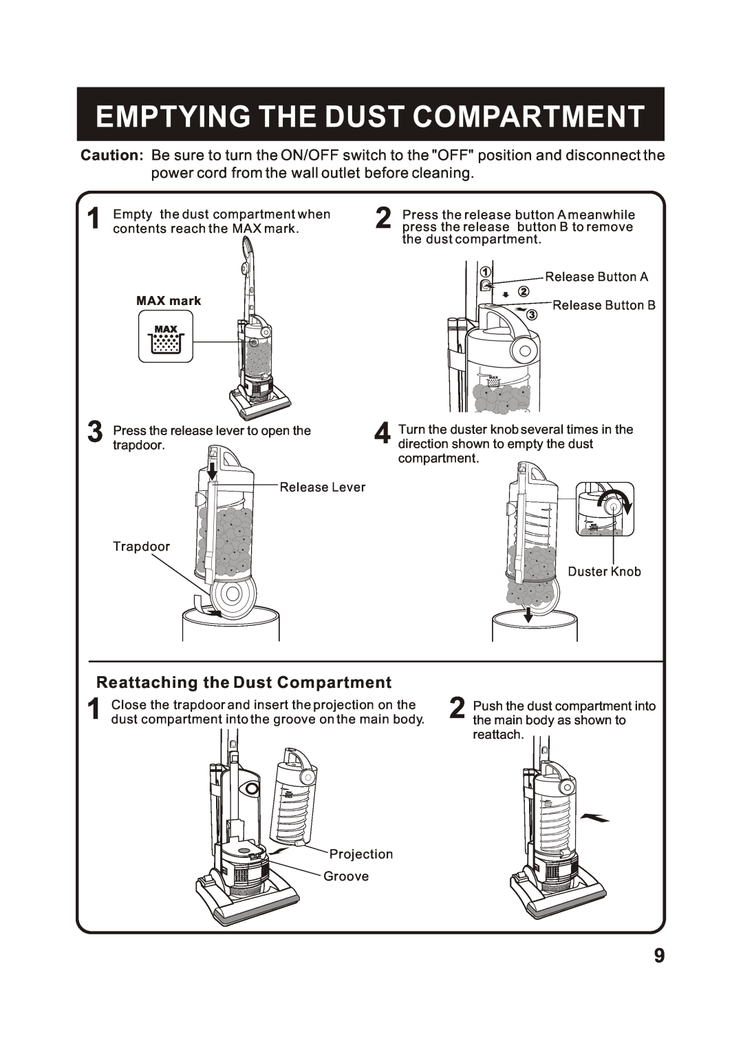 Fantom Vacuum FM741C instruction manual Emptying The Dust Compartment, power cord from the wall outlet before cleaning 