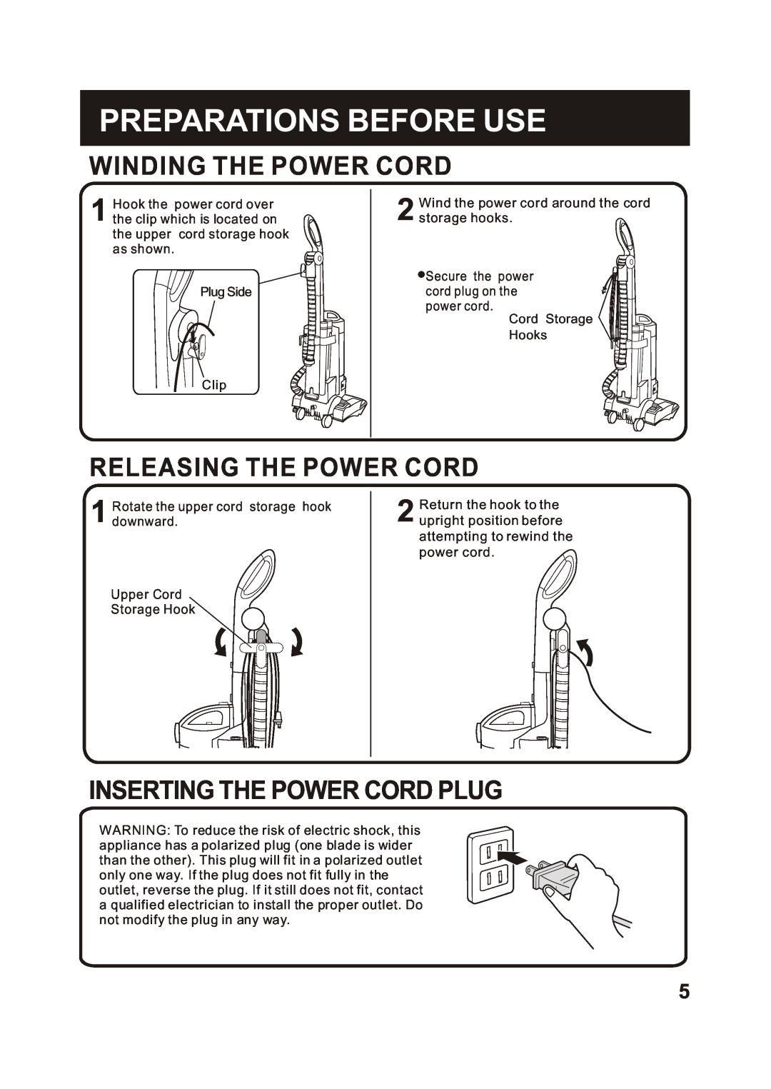 Fantom Vacuum FM741C instruction manual Winding The Power Cord, Releasing The Power Cord, Inserting The Power Cord Plug 