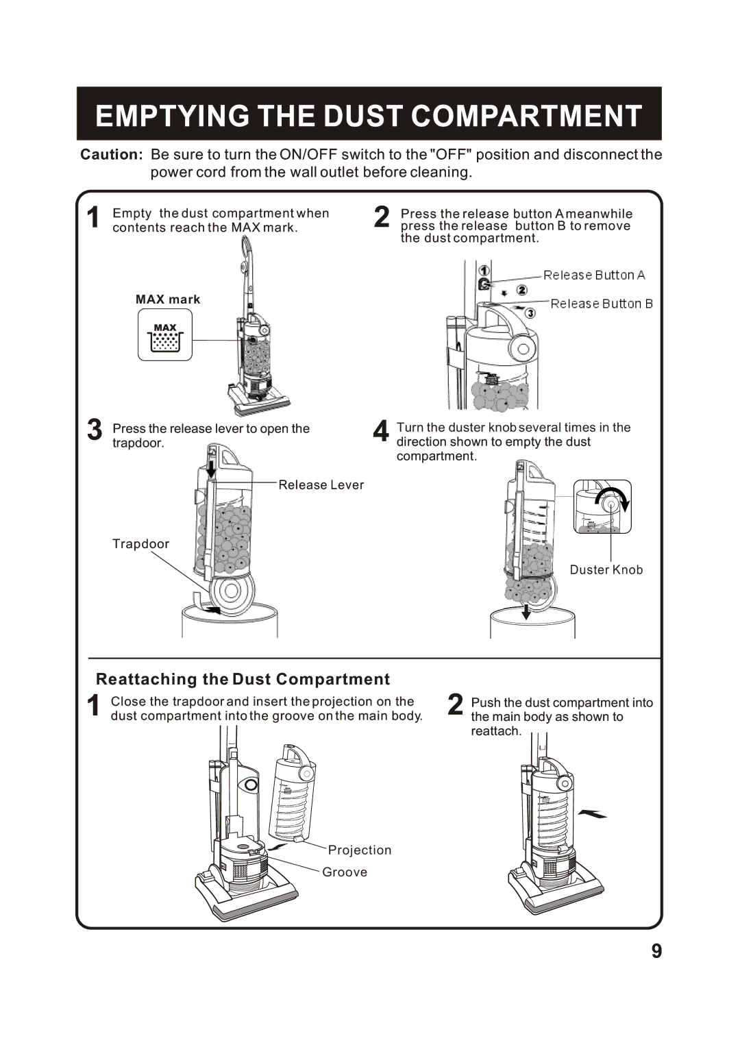 Fantom Vacuum FM741HR instruction manual Emptying the Dust Compartment, Power cord from the wall outlet before cleaning 