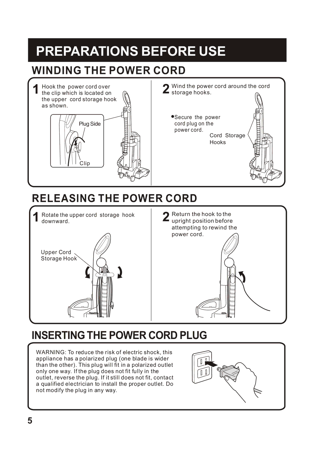 Fantom Vacuum FM741HR instruction manual Winding the Power Cord, Releasing the Power Cord, Inserting the Power Cord Plug 