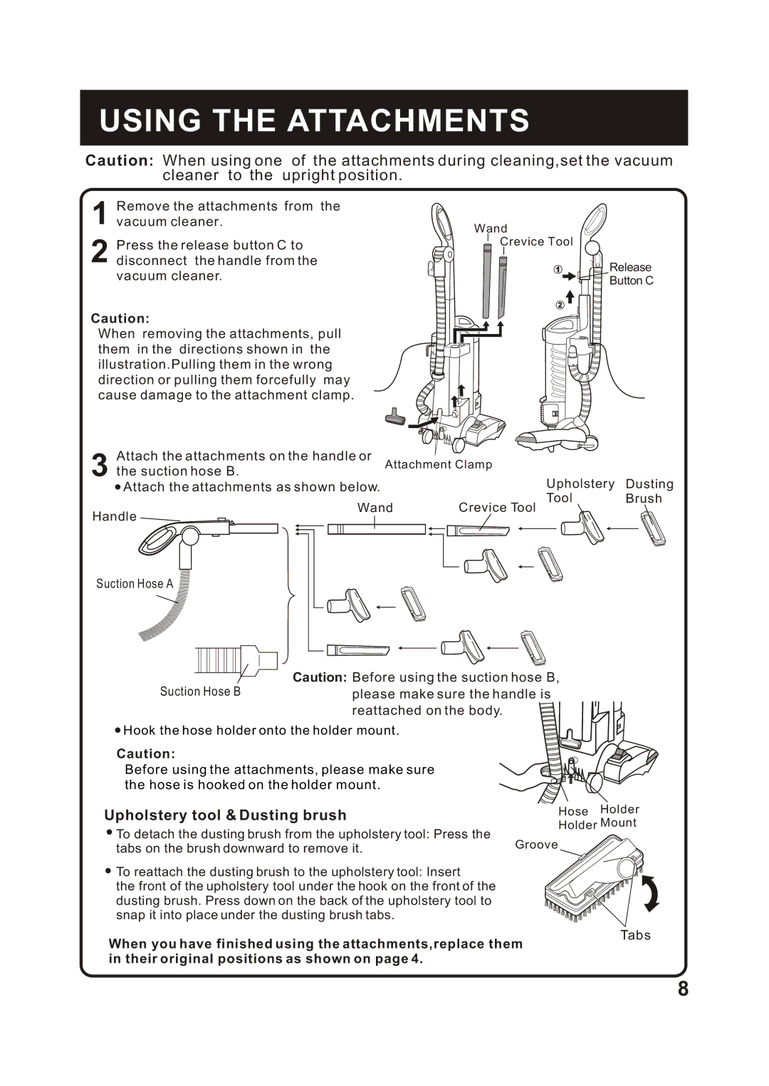 Fantom Vacuum FM741HR instruction manual Using the Attachments, Reattached on the body 