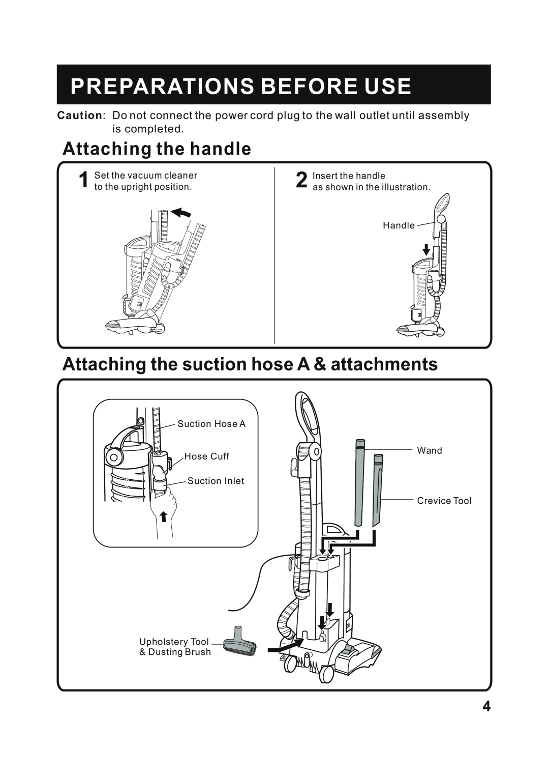 Fantom Vacuum FM741HR Preparations Before Use, Attaching the handle, Attaching the suction hose A & attachments 