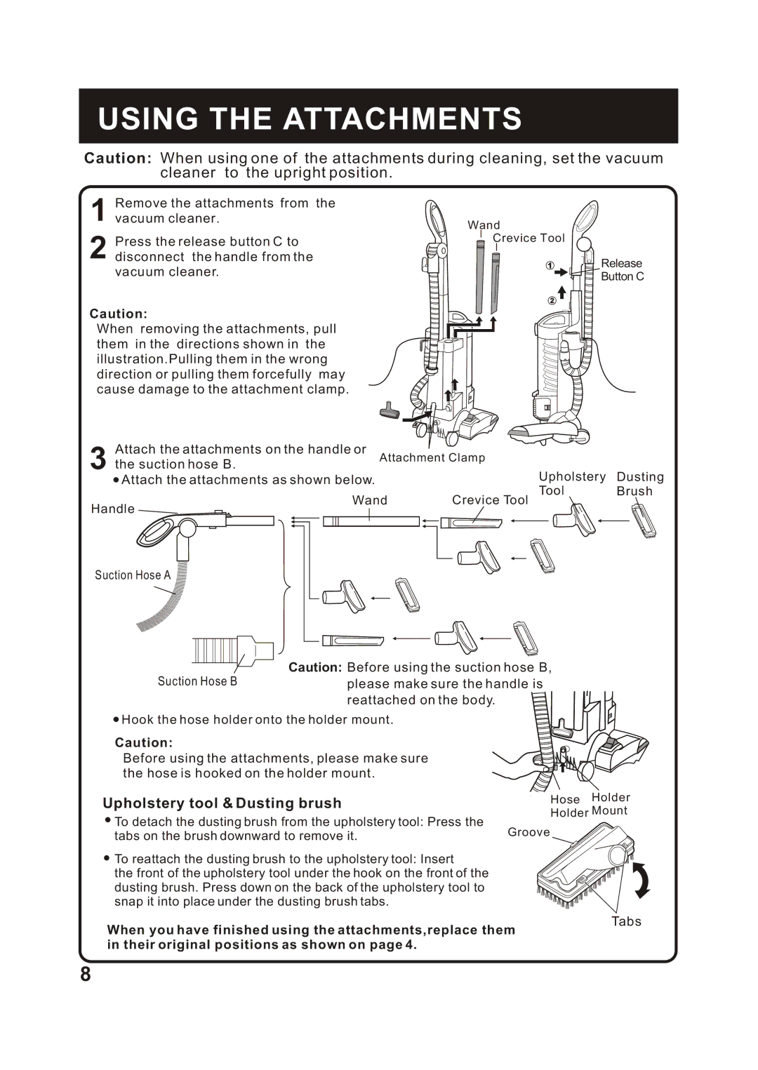 Fantom Vacuum FM741HV instruction manual Using the Attachments, Upholstery tool & Dusting brush 