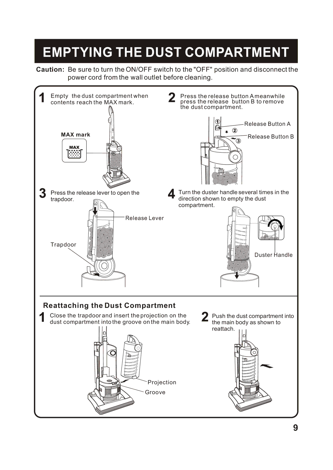 Fantom Vacuum FM741HV instruction manual Emptying the Dust Compartment, Power cord from the wall outlet before cleaning 