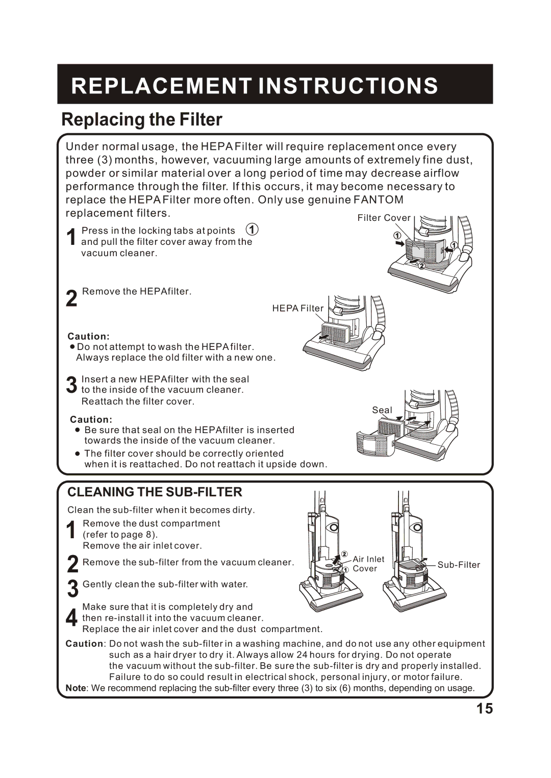 Fantom Vacuum FM741HV instruction manual Replacing the Filter, Cleaning the SUB-FILTER 