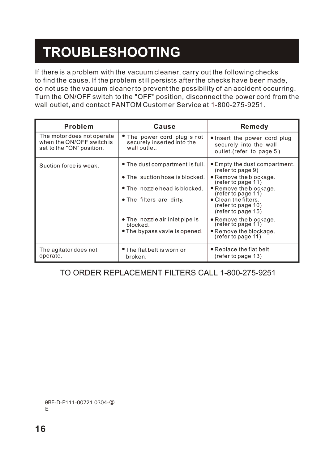 Fantom Vacuum FM741HV instruction manual Troubleshooting, Problem Cause Remedy 