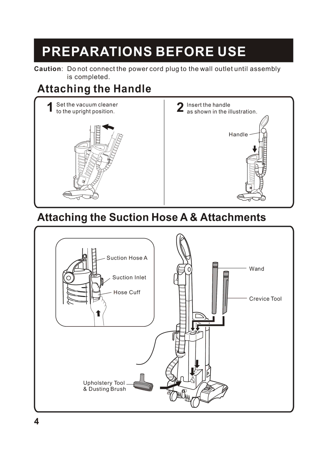 Fantom Vacuum FM741HV Preparations Before USE, Attaching the Handle, Attaching the Suction Hose a & Attachments 