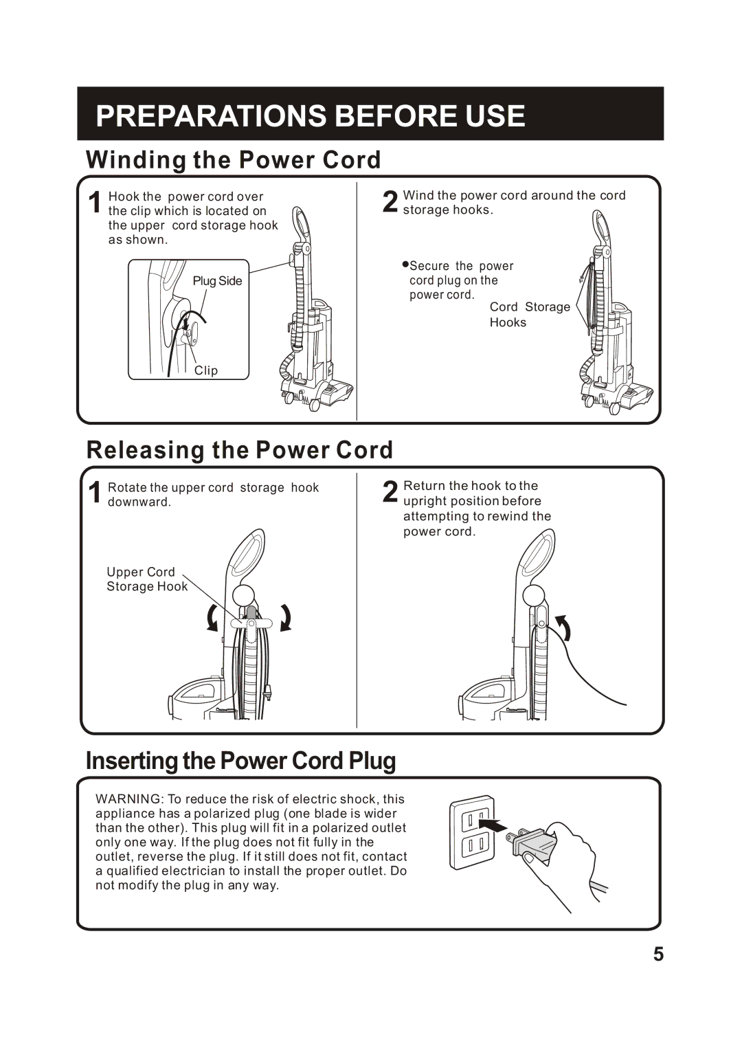 Fantom Vacuum FM741HV instruction manual Winding the Power Cord, Releasing the Power Cord, Inserting the Power Cord Plug 