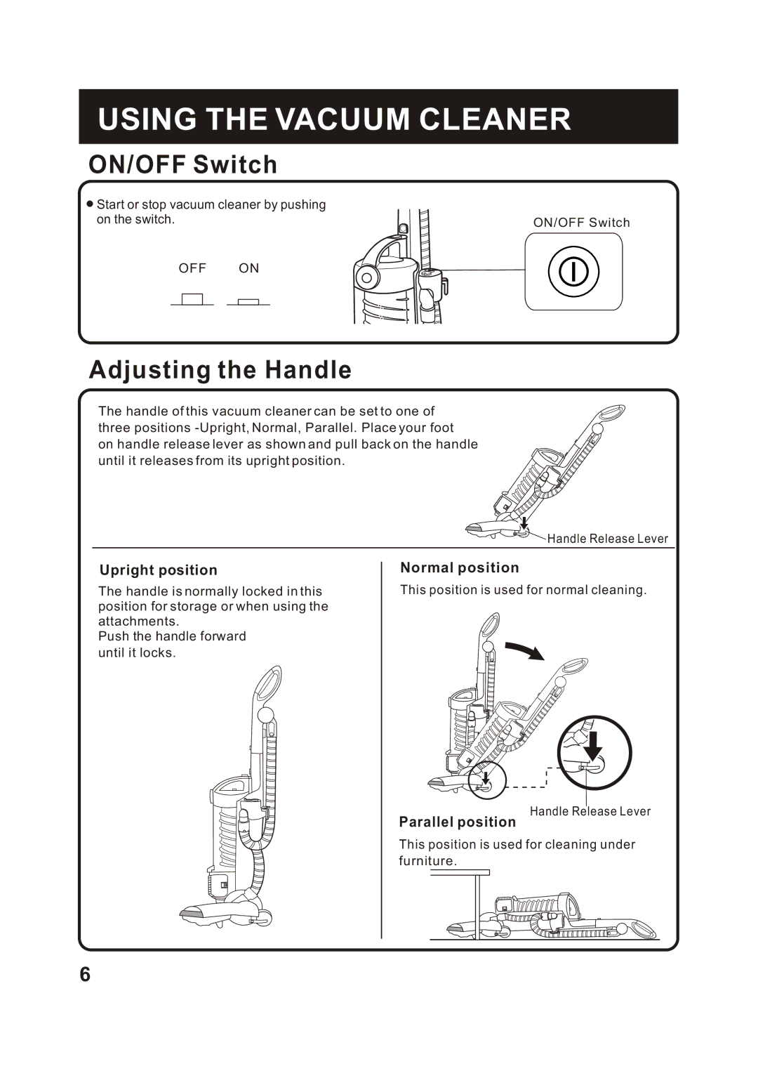 Fantom Vacuum FM741HV instruction manual Using the Vacuum Cleaner, ON/OFF Switch, Adjusting the Handle 