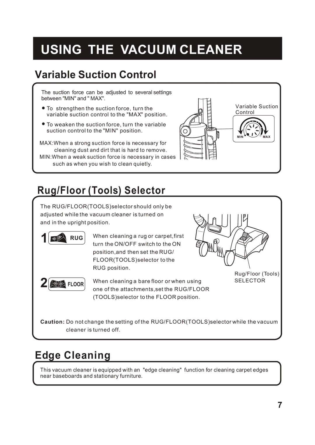 Fantom Vacuum FM741HV instruction manual Variable Suction Control, Rug/Floor Tools Selector, Edge Cleaning 