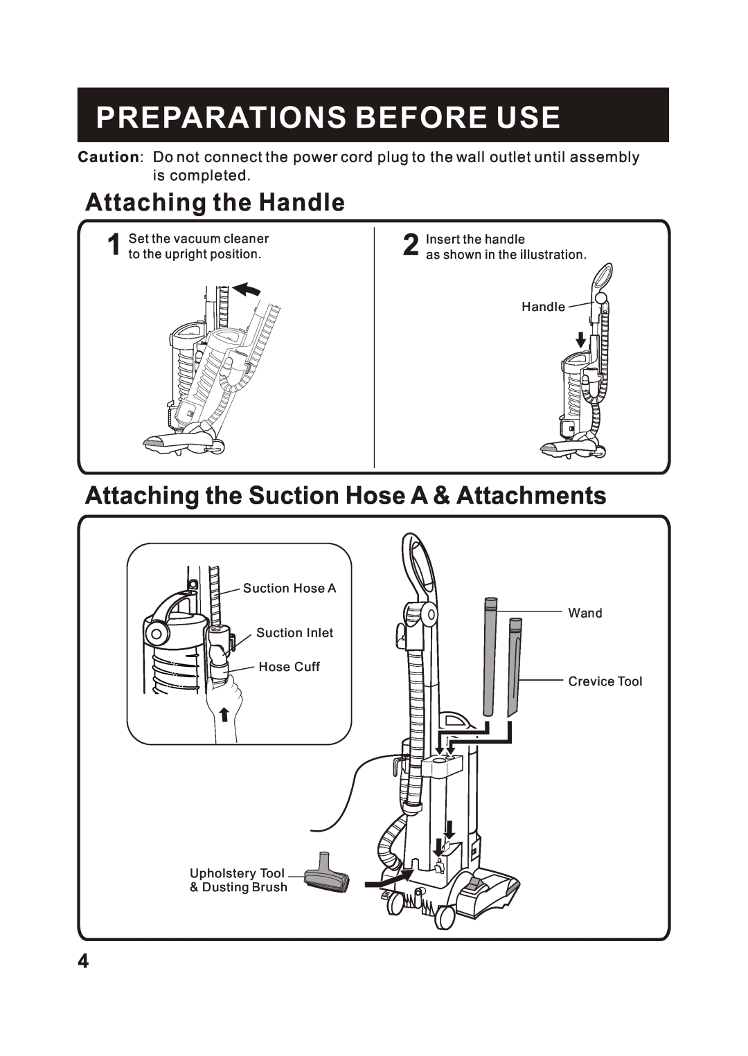 Fantom Vacuum FM741HV Preparations Before Use, Attaching the Handle, Attaching the Suction Hose A & Attachments 
