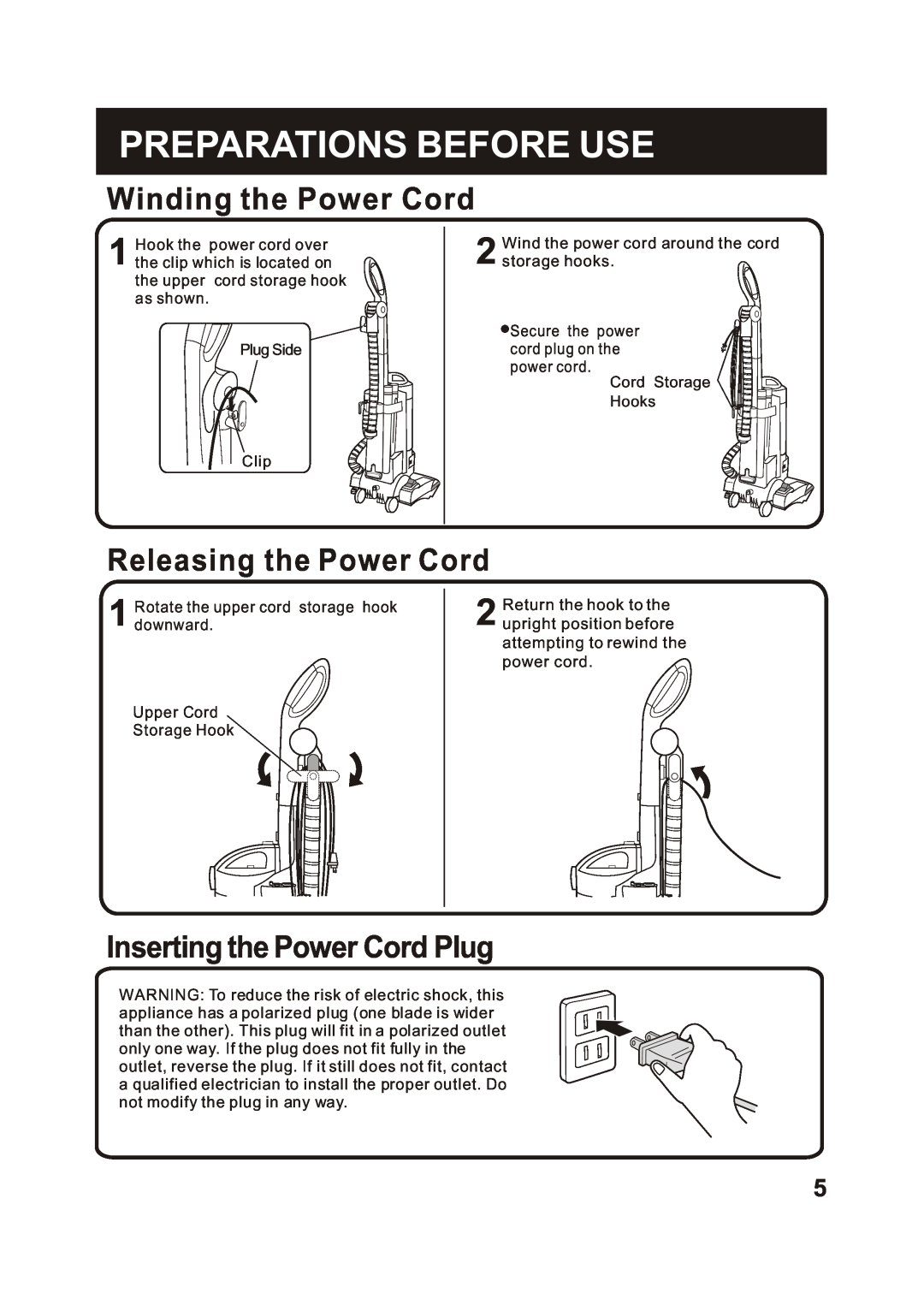 Fantom Vacuum FM741HV instruction manual Winding the Power Cord, Releasing the Power Cord, Inserting the Power Cord Plug 