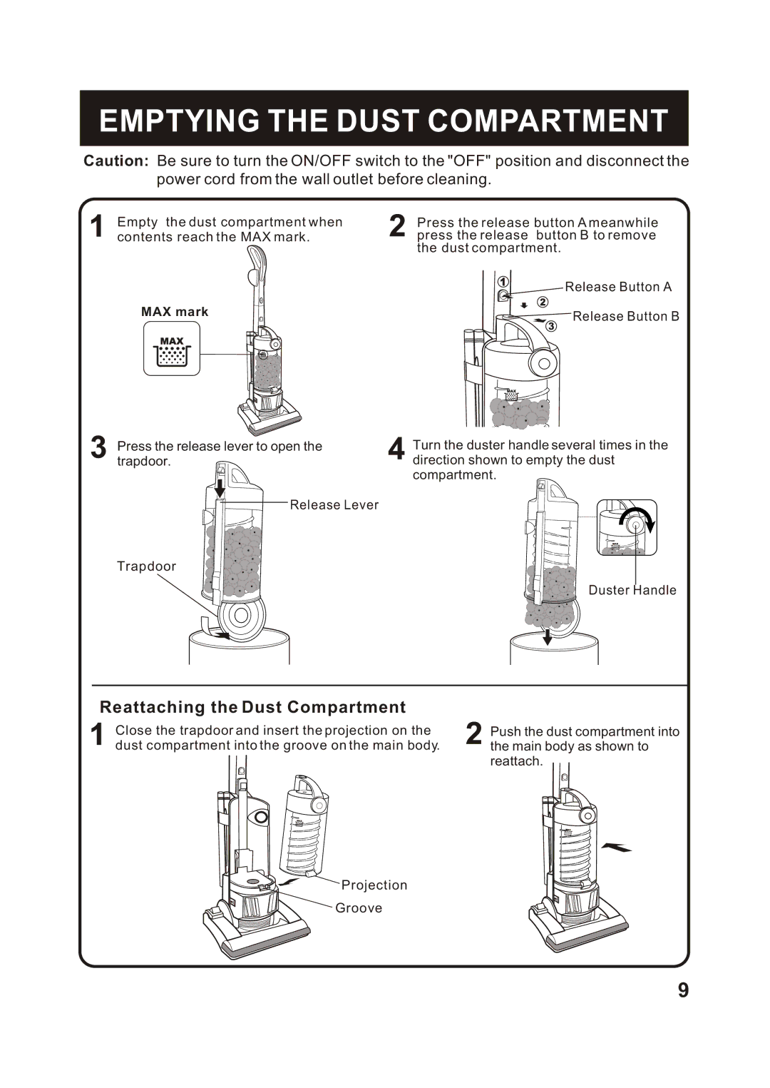 Fantom Vacuum FM742C instruction manual Emptying the Dust Compartment, Power cord from the wall outlet before cleaning 