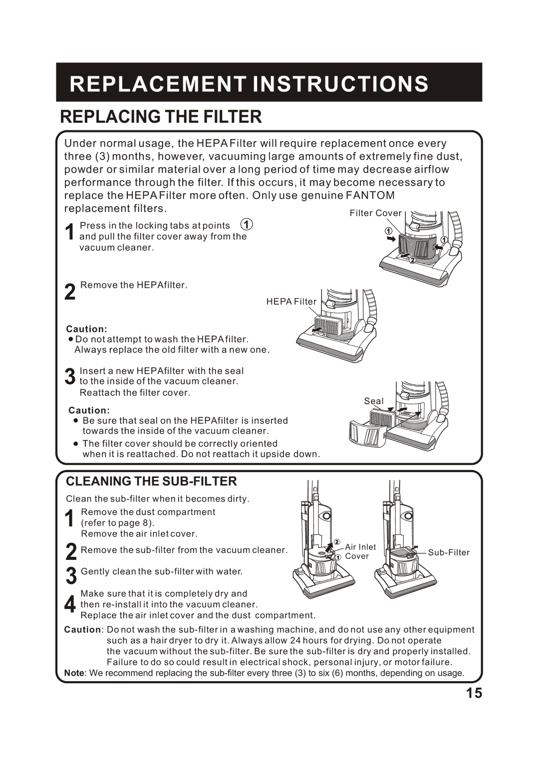 Fantom Vacuum FM742C instruction manual Replacing the Filter, Cleaning the SUB-FILTER 