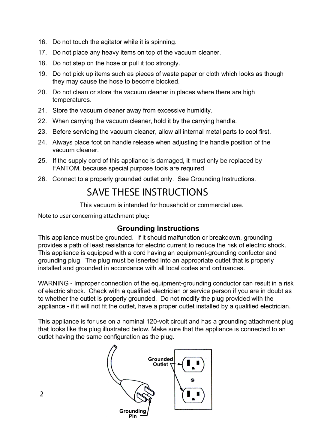 Fantom Vacuum FM742C instruction manual Grounding Instructions 