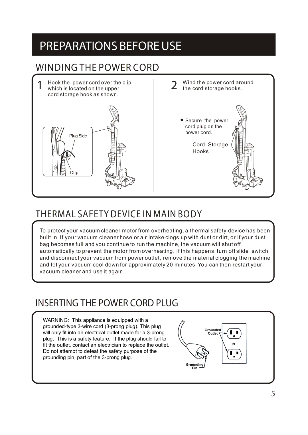 Fantom Vacuum FM742C instruction manual Thermal Safety Device in Main Body, Inserting the Power Cord Plug 