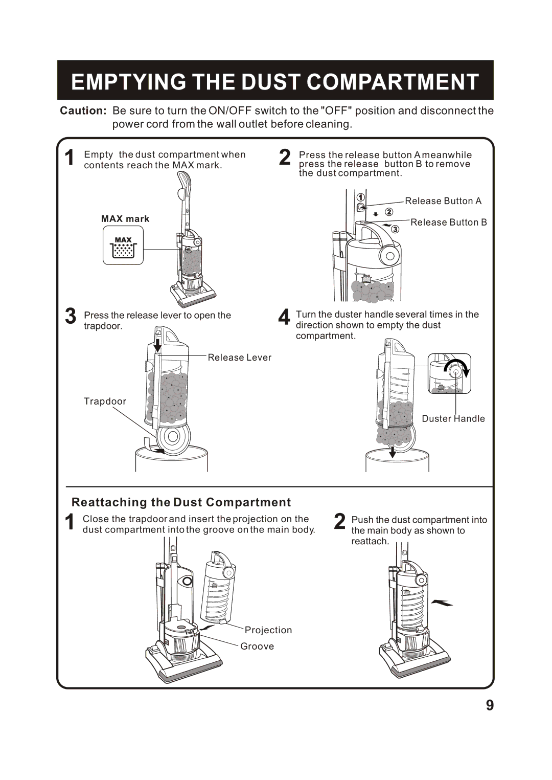 Fantom Vacuum FM742CS instruction manual Emptying the Dust Compartment, Power cord from the wall outlet before cleaning 