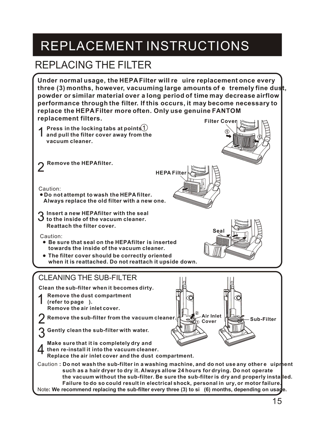 Fantom Vacuum FM742CS instruction manual Replacing the Filter, Cleaning the SUB-FILTER 