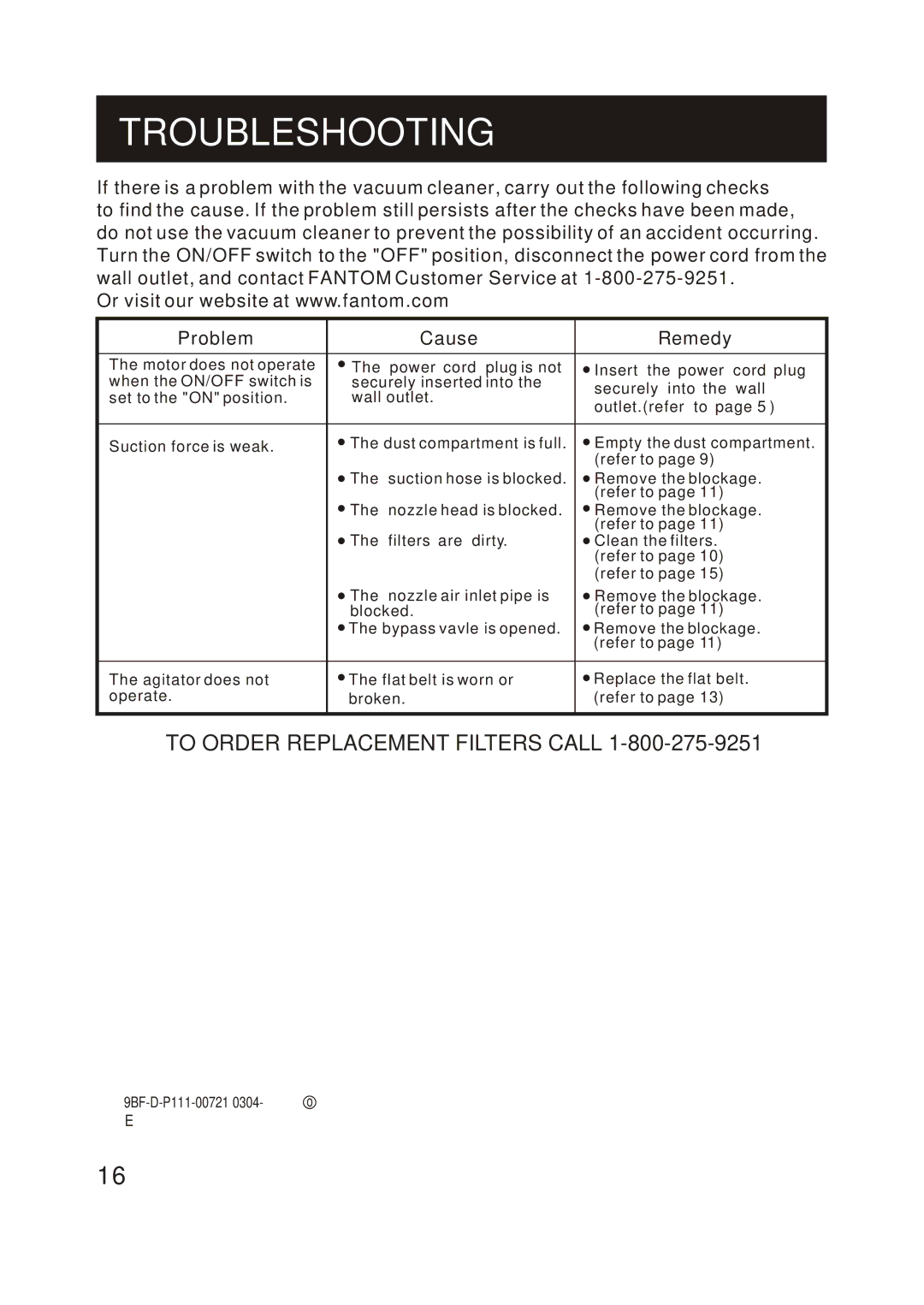 Fantom Vacuum FM742CS instruction manual Troubleshooting, Problem Cause Remedy 