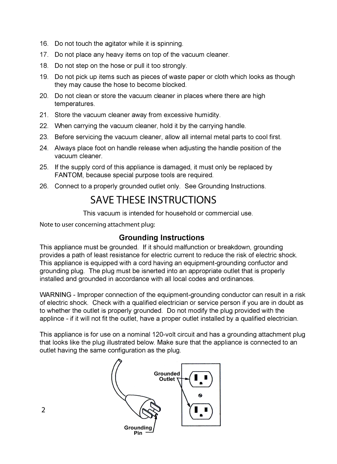 Fantom Vacuum FM742CS instruction manual Grounding Instructions 