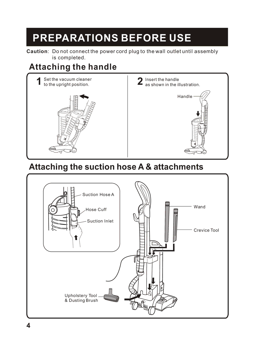 Fantom Vacuum FM742CS instruction manual Preparations Before USE, Attaching the handle 