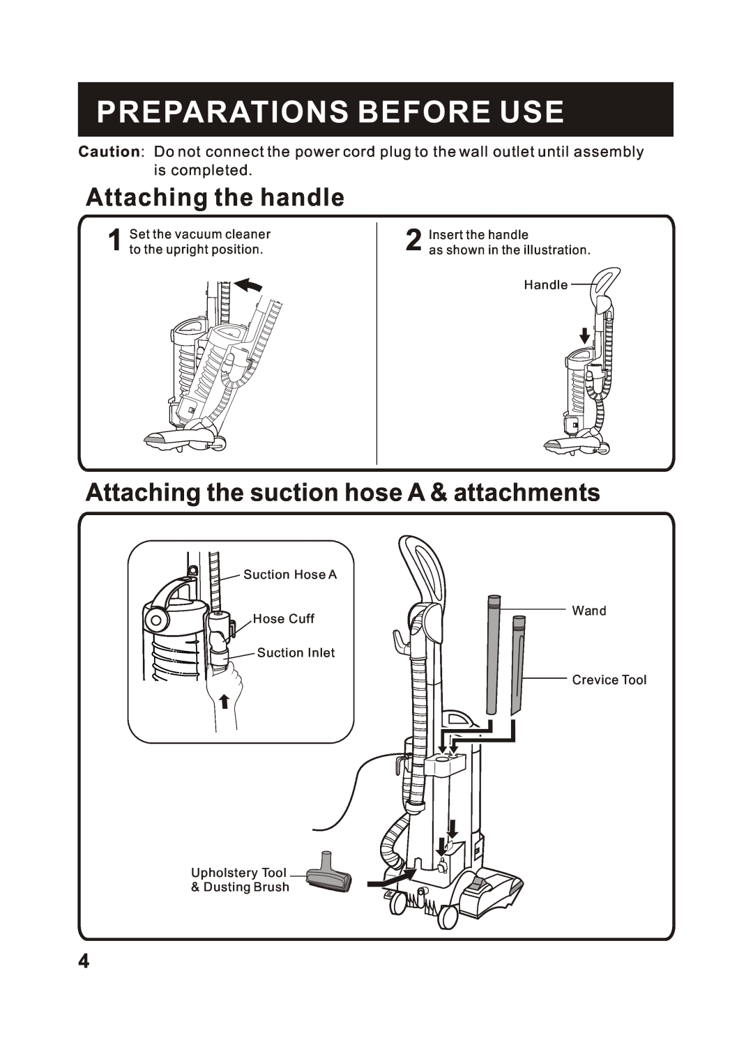 Fantom Vacuum FM742CS Preparations Before Use, Attaching the handle, Attaching the suction hose A & attachments 