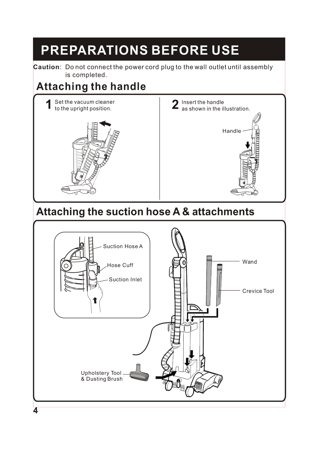 Fantom Vacuum FM743 instruction manual Preparations Before USE, Attaching the handle 