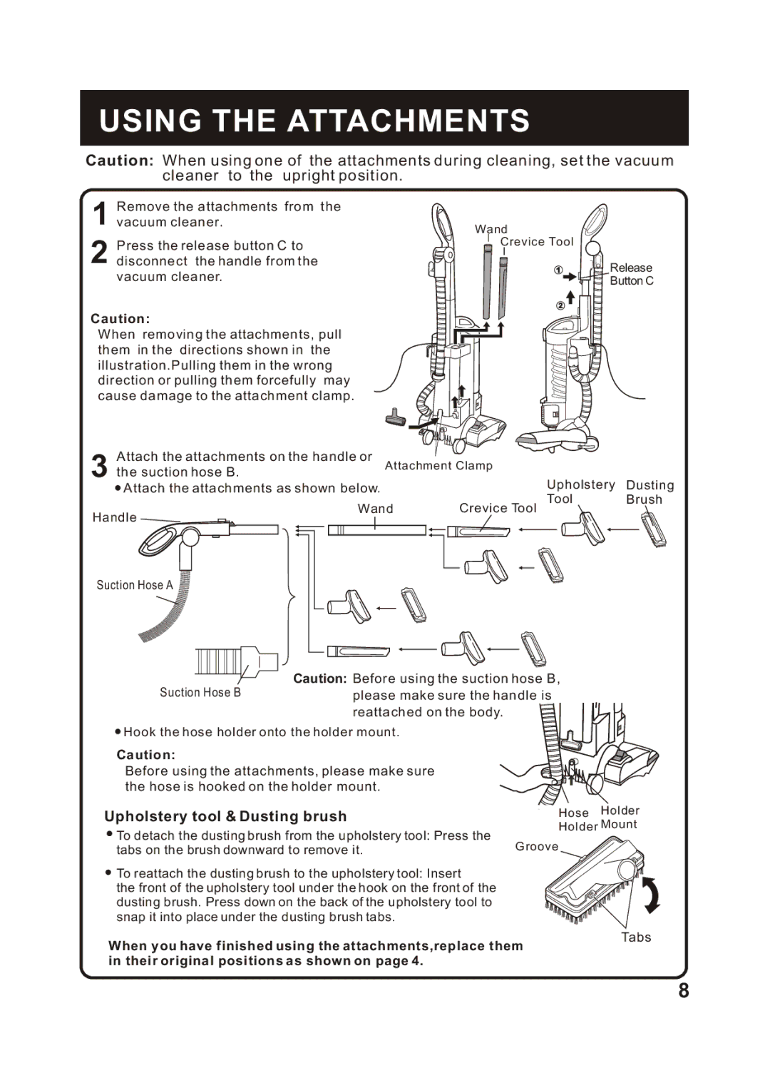 Fantom Vacuum FM743 instruction manual Using the Attachments, Upholstery tool & Dusting brush 