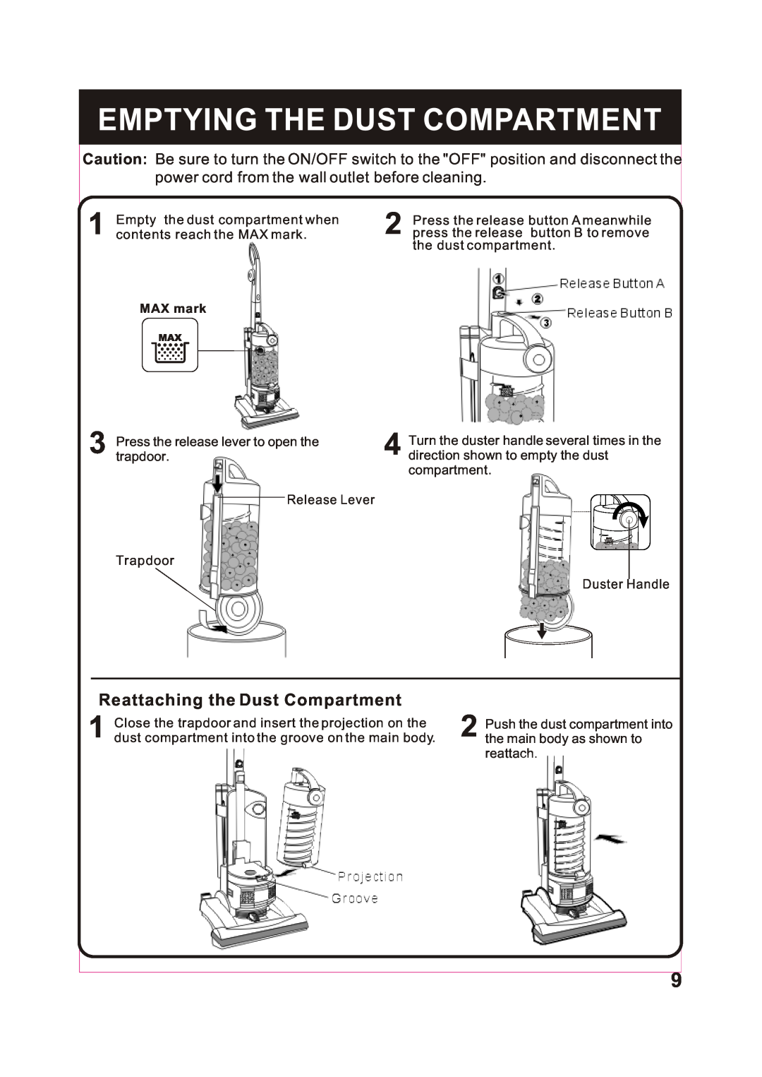 Fantom Vacuum FM743 instruction manual Emptying The Dust Compartment, power cord from the wall outlet before cleaning 