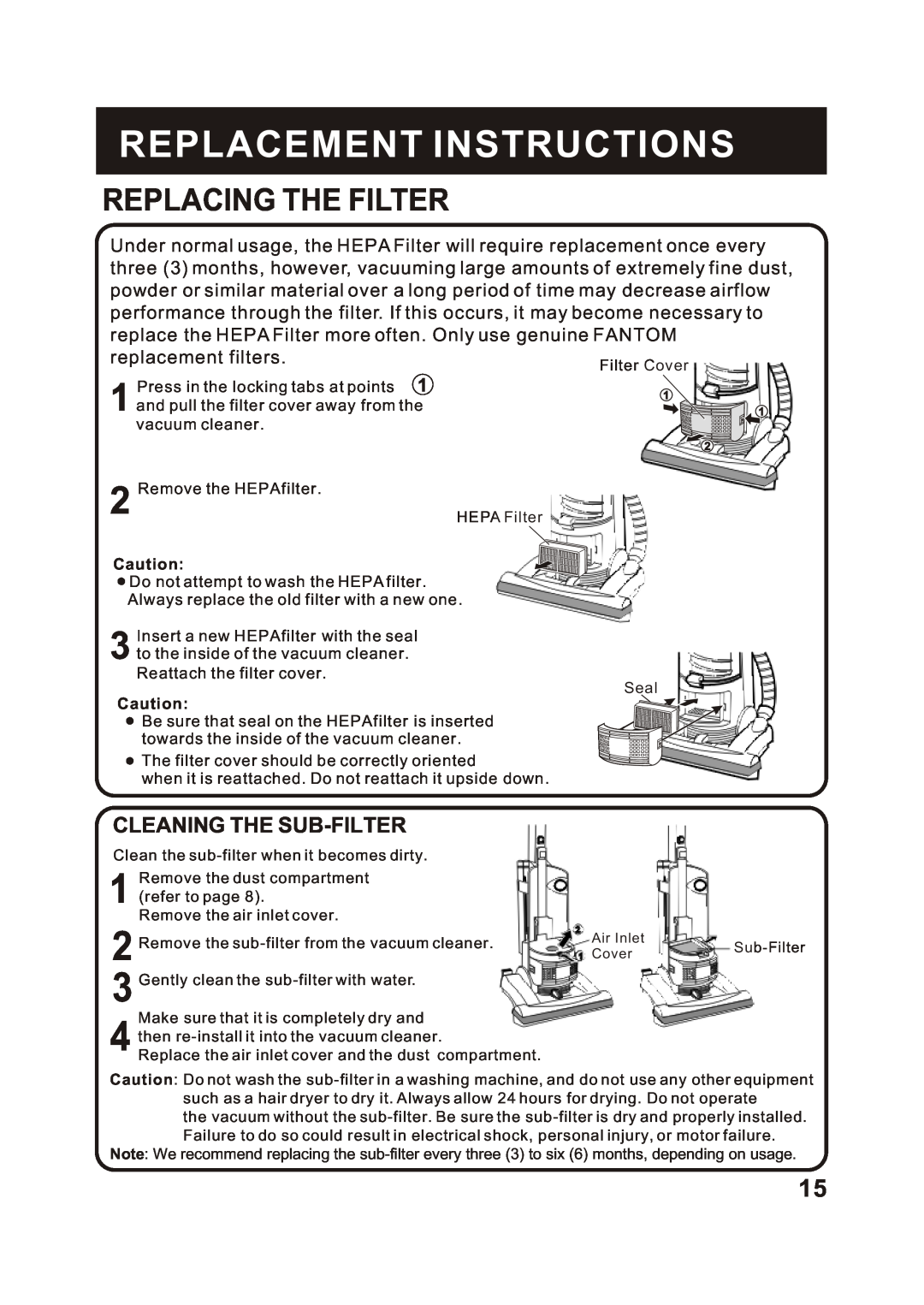 Fantom Vacuum FM743 instruction manual Replacing The Filter, Cleaning The Sub-Filter, Replacement Instructions 