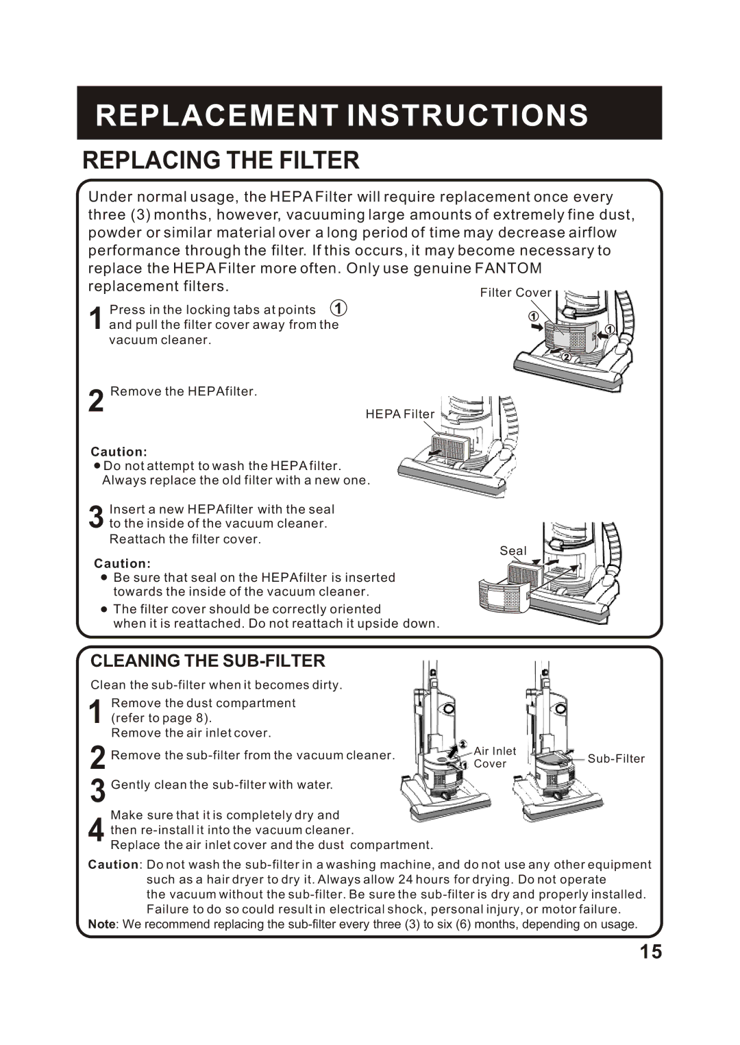 Fantom Vacuum FM743H instruction manual Replacing the Filter, Cleaning the SUB-FILTER 