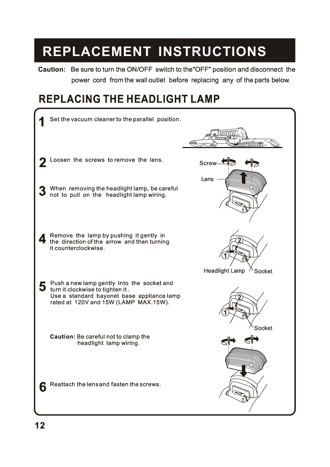 Fantom Vacuum FM743H instruction manual Replacement Instructions, Replacing The Headlight Lamp 