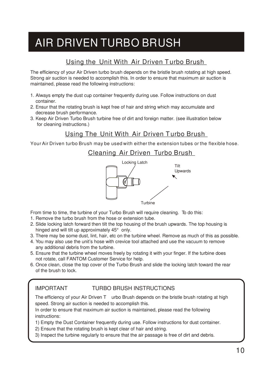 Fantom Vacuum FM744H instruction manual AIR Driven Turbo Brush, Using the Unit With Air Driven Turbo Brush 