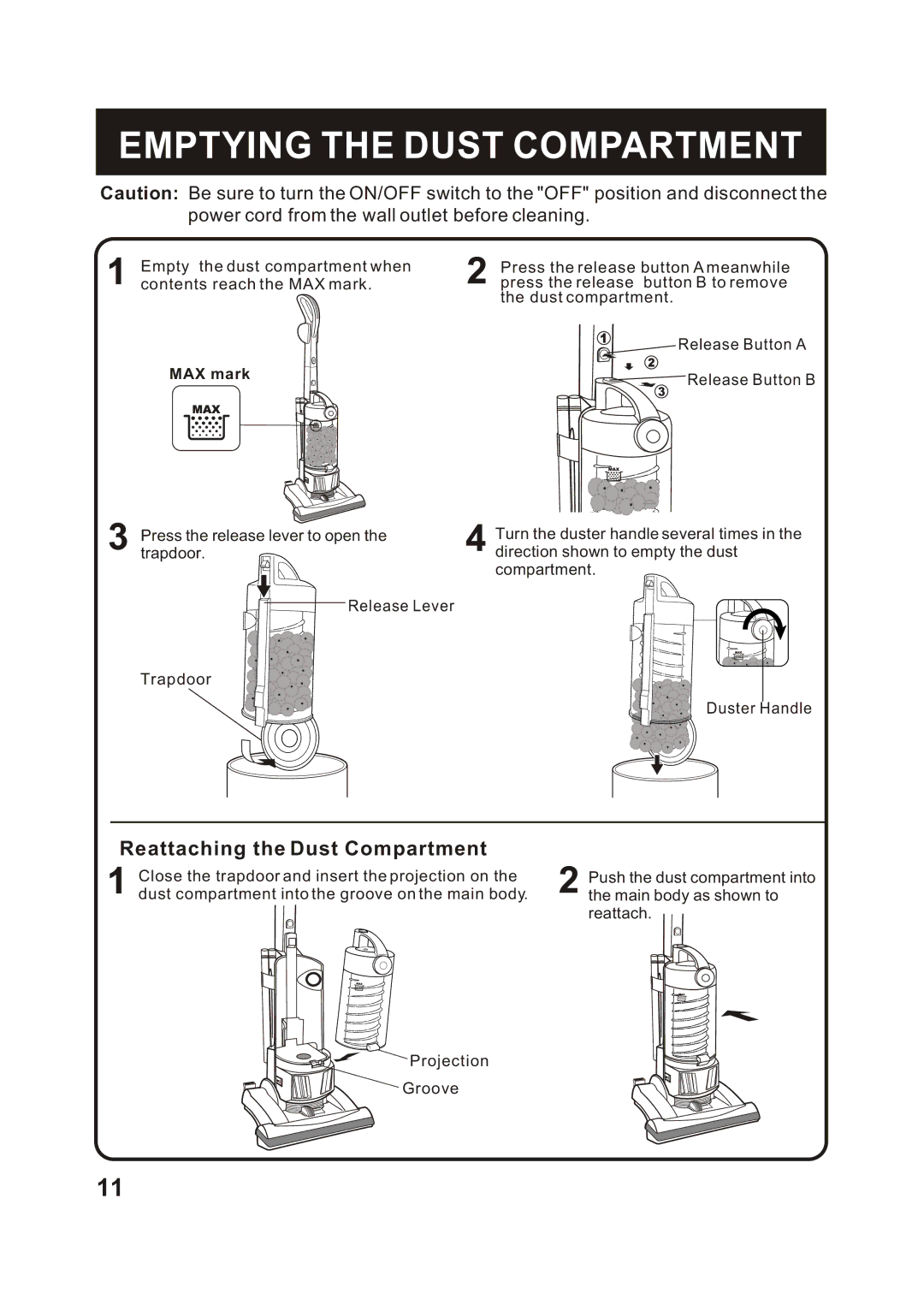 Fantom Vacuum FM744H instruction manual Emptying the Dust Compartment, Power cord from the wall outlet before cleaning 