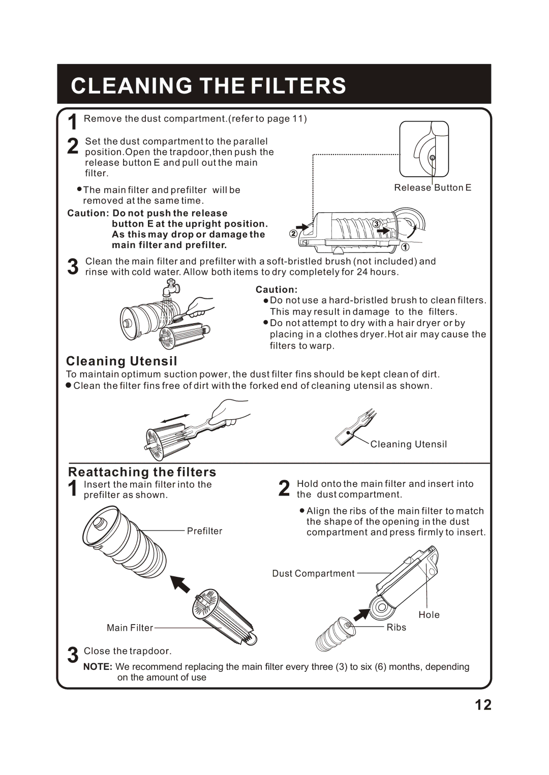 Fantom Vacuum FM744H instruction manual Cleaning the Filters, Cleaning Utensil 