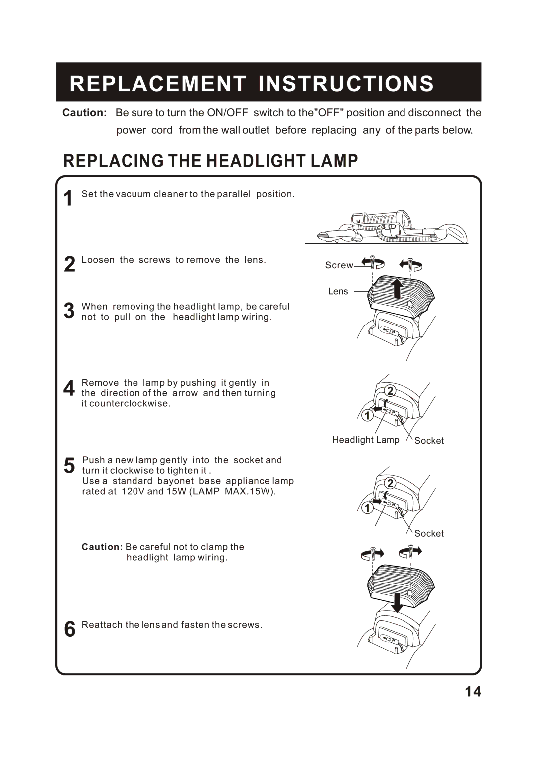 Fantom Vacuum FM744H instruction manual Replacement Instructions, Replacing the Headlight Lamp 