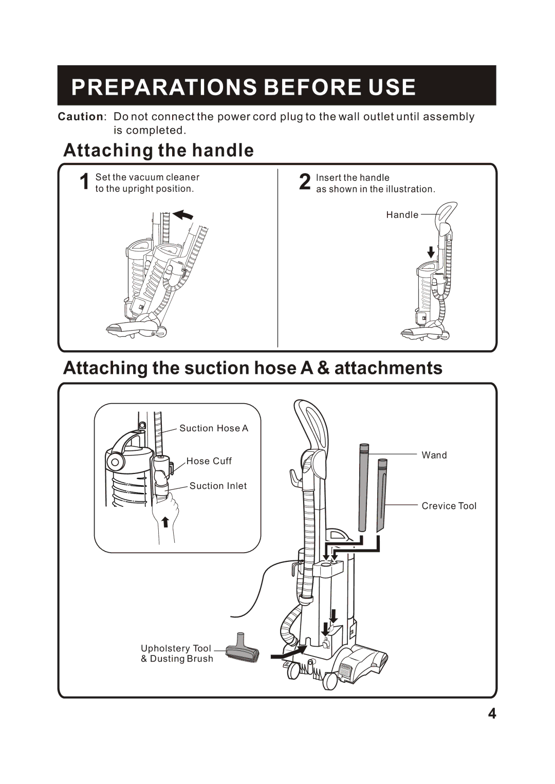 Fantom Vacuum FM744H instruction manual Preparations Before USE, Attaching the handle 