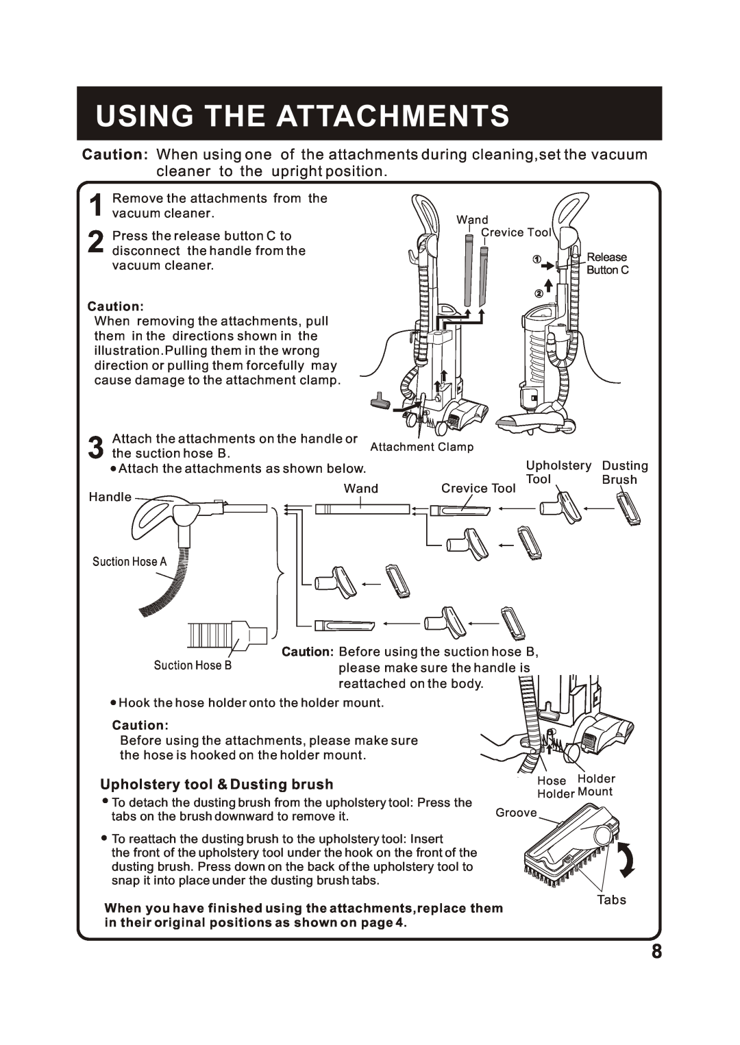 Fantom Vacuum FM744H instruction manual Using The Attachments, Upholstery tool & Dusting brush 