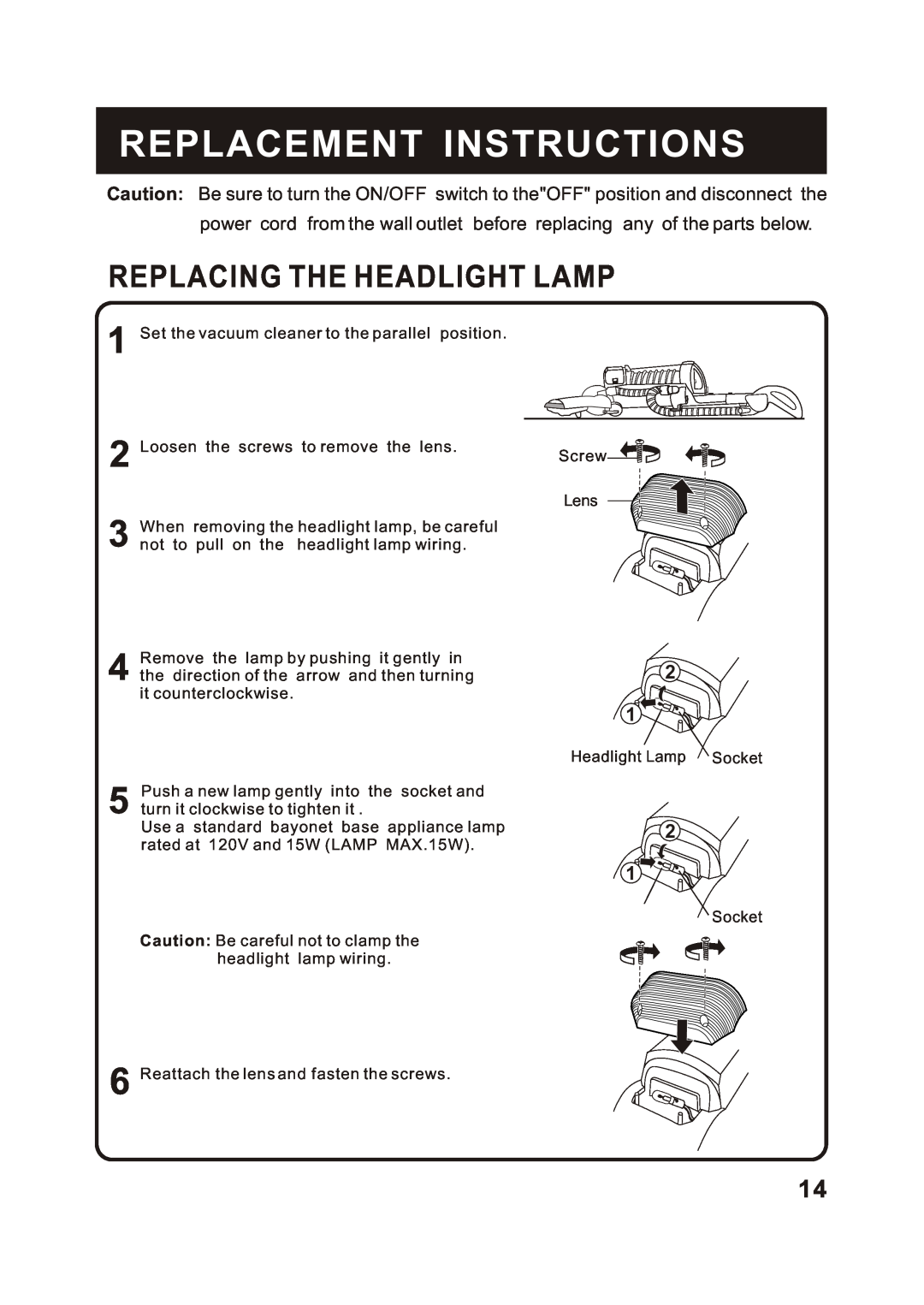 Fantom Vacuum FM744H instruction manual Replacement Instructions, Replacing The Headlight Lamp 
