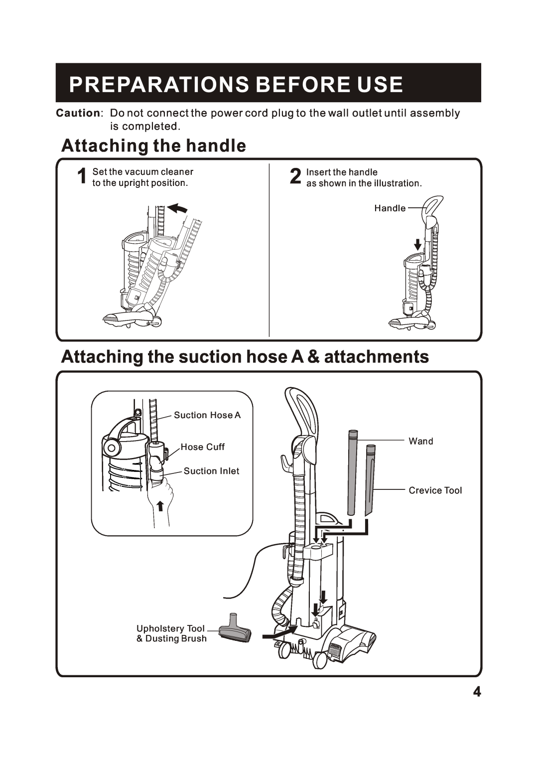 Fantom Vacuum FM744H Preparations Before Use, Attaching the handle, Attaching the suction hose A & attachments 