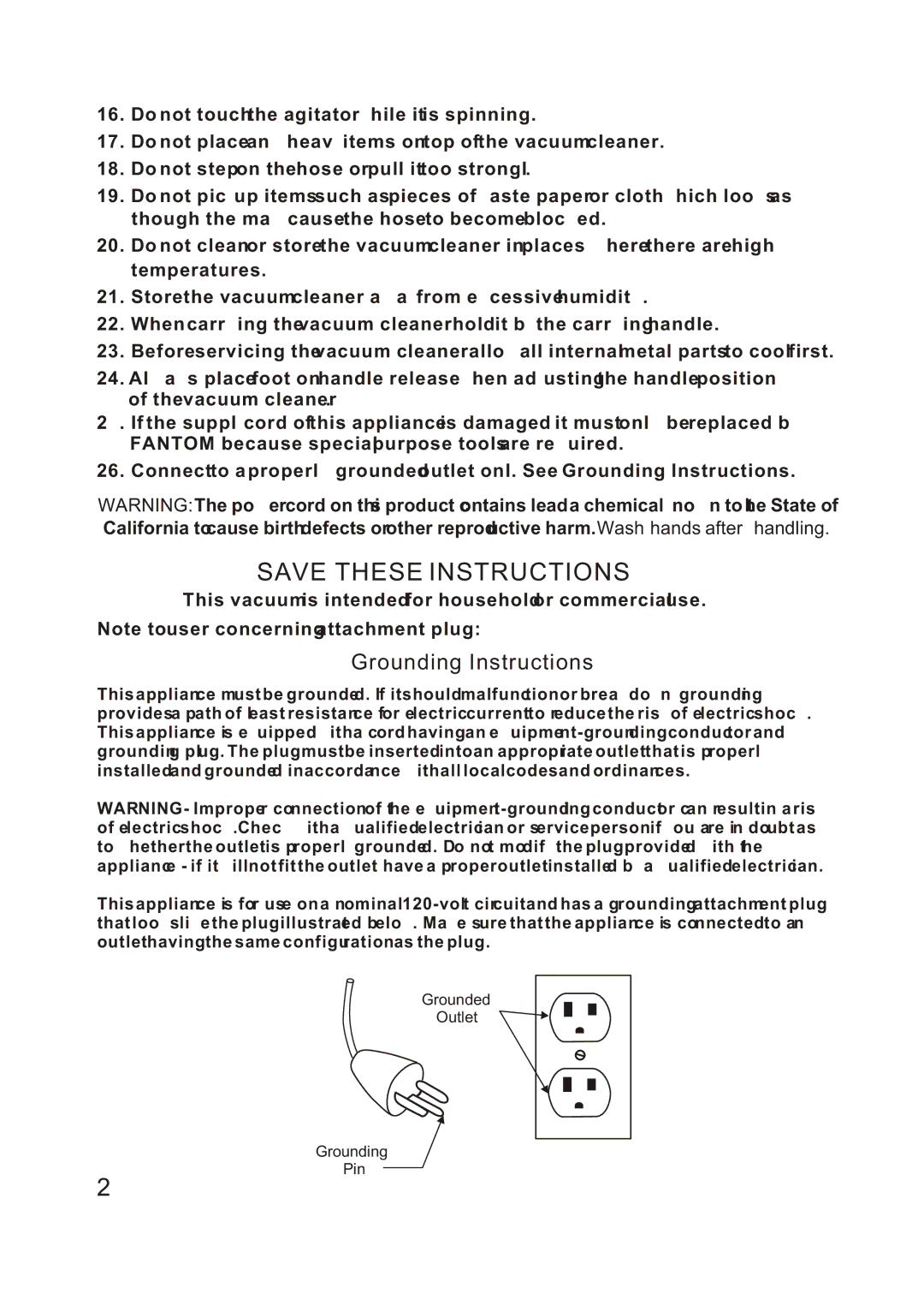 Fantom Vacuum FM744HY instruction manual Grounding Instructions 