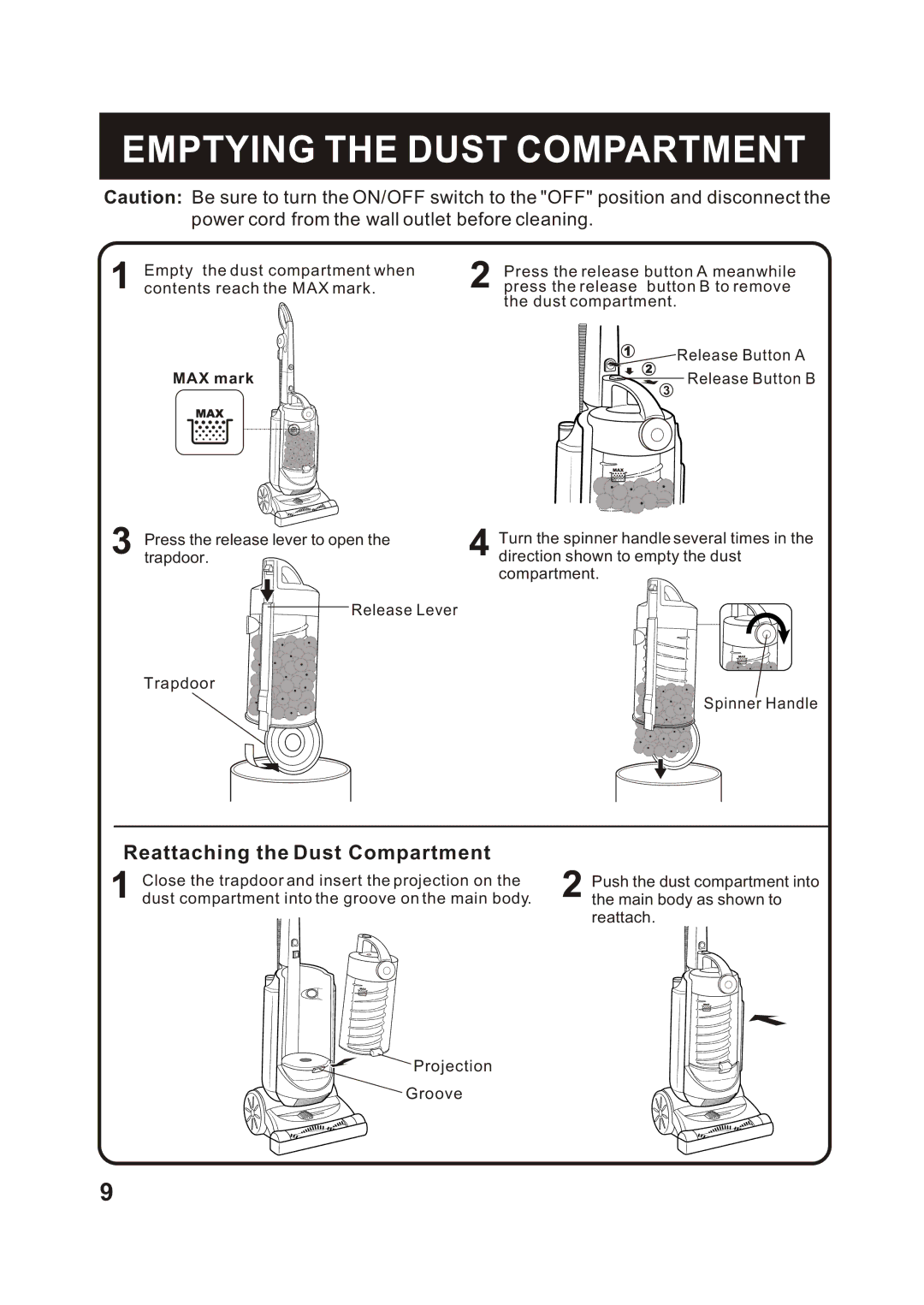 Fantom Vacuum FM760 instruction manual Emptying the Dust Compartment, Power cord from the wall outlet before cleaning 