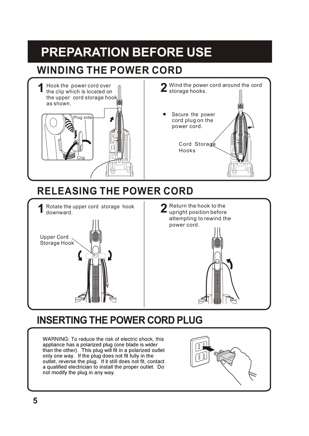 Fantom Vacuum FM760 instruction manual Winding the Power Cord, Releasing the Power Cord, Inserting the Power Cord Plug 